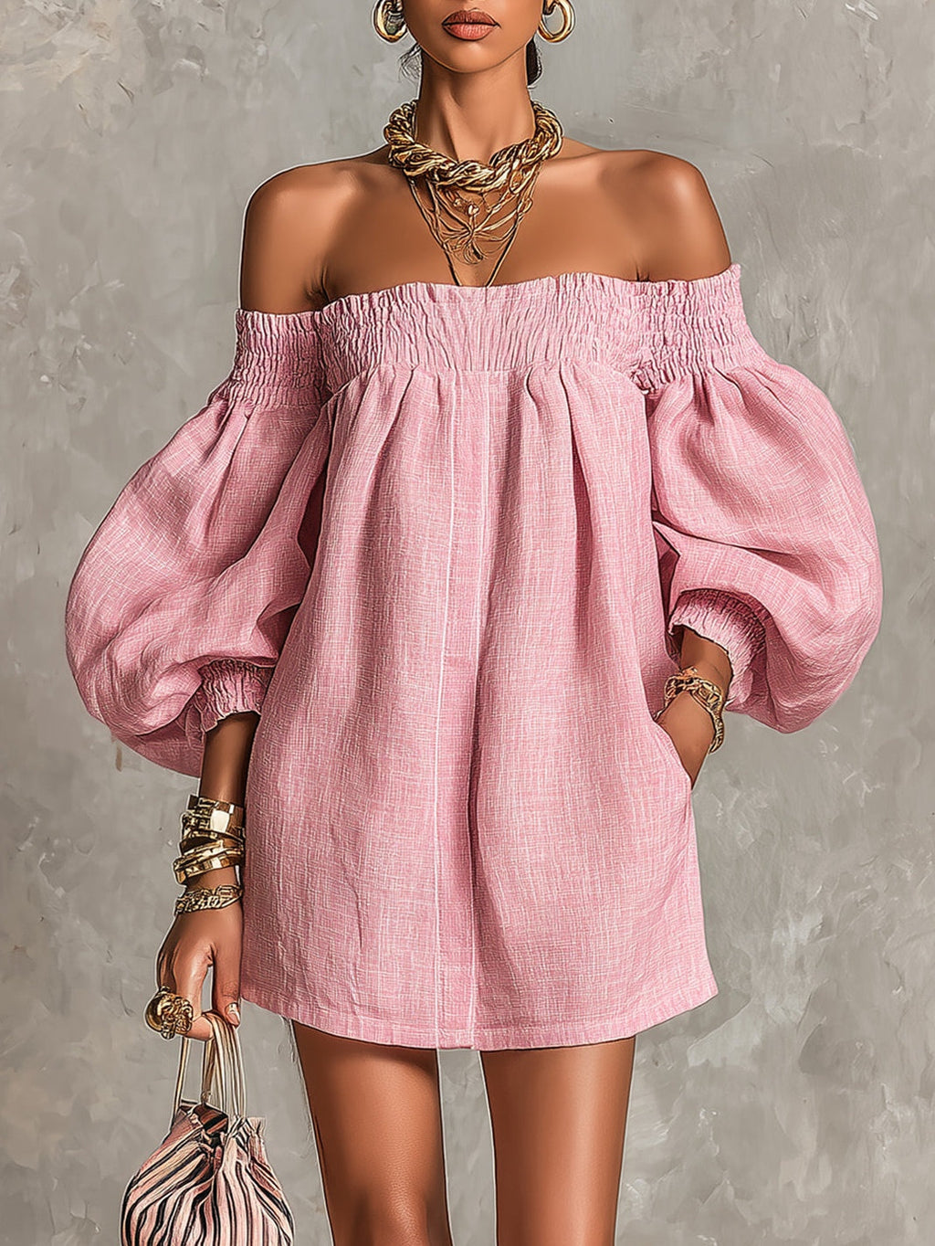Violeta | Vestido Mini Trapecio Rosa con Mangas Farol y Hombros Descubiertos