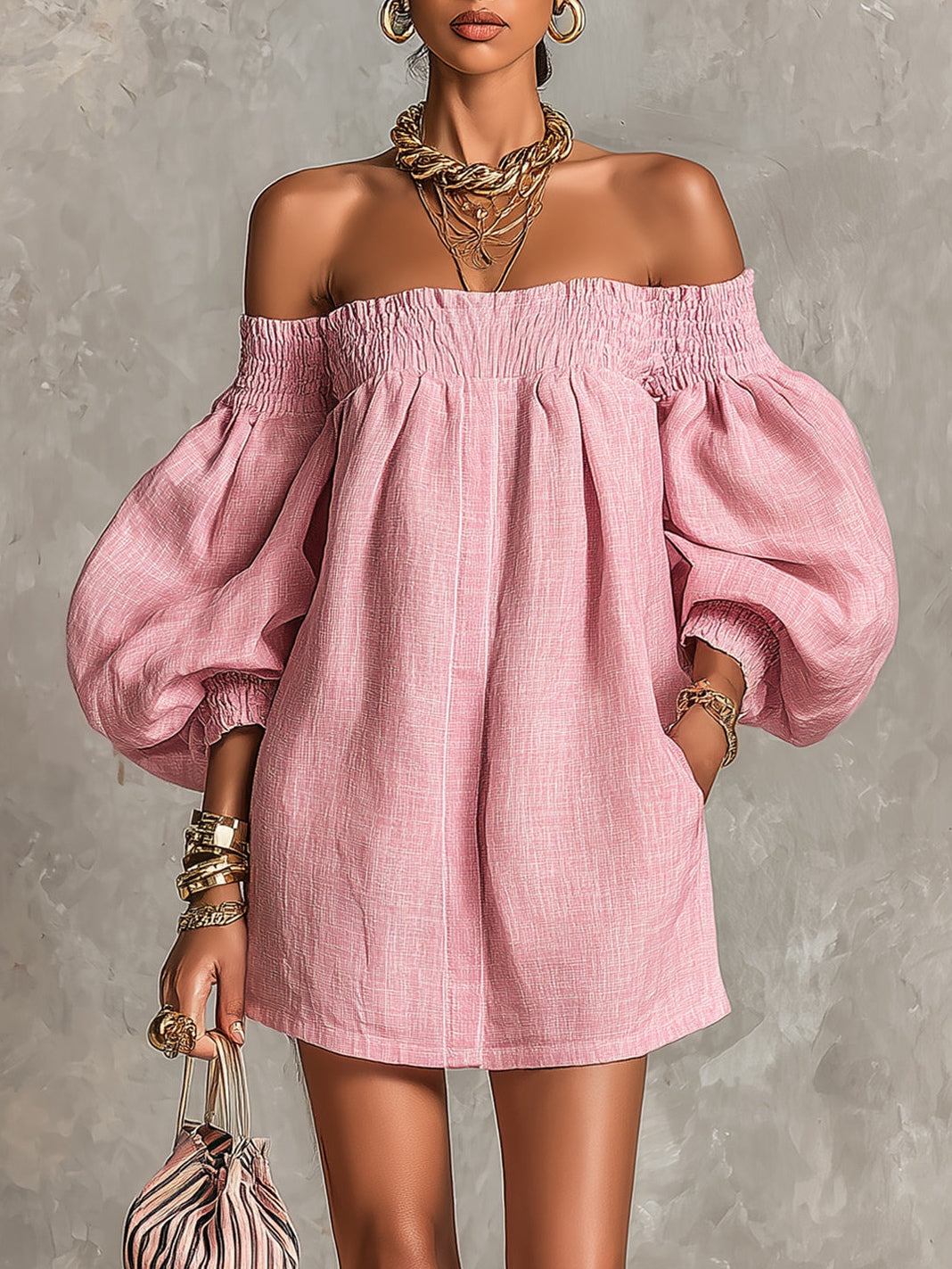 Violeta | Vestido Mini Trapecio Rosa con Mangas Farol y Hombros Descubiertos