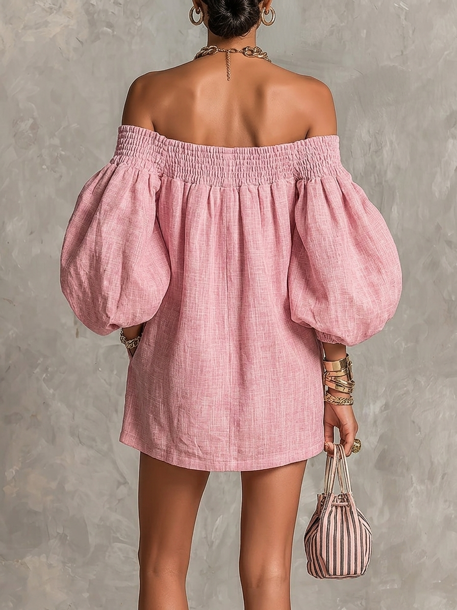 Violeta | Vestido Mini Trapecio Rosa con Mangas Farol y Hombros Descubiertos