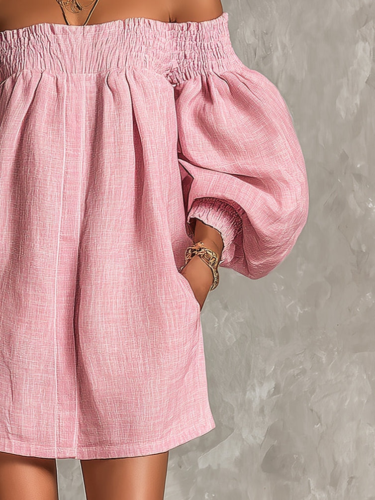 Violeta | Vestido Mini Trapecio Rosa con Mangas Farol y Hombros Descubiertos