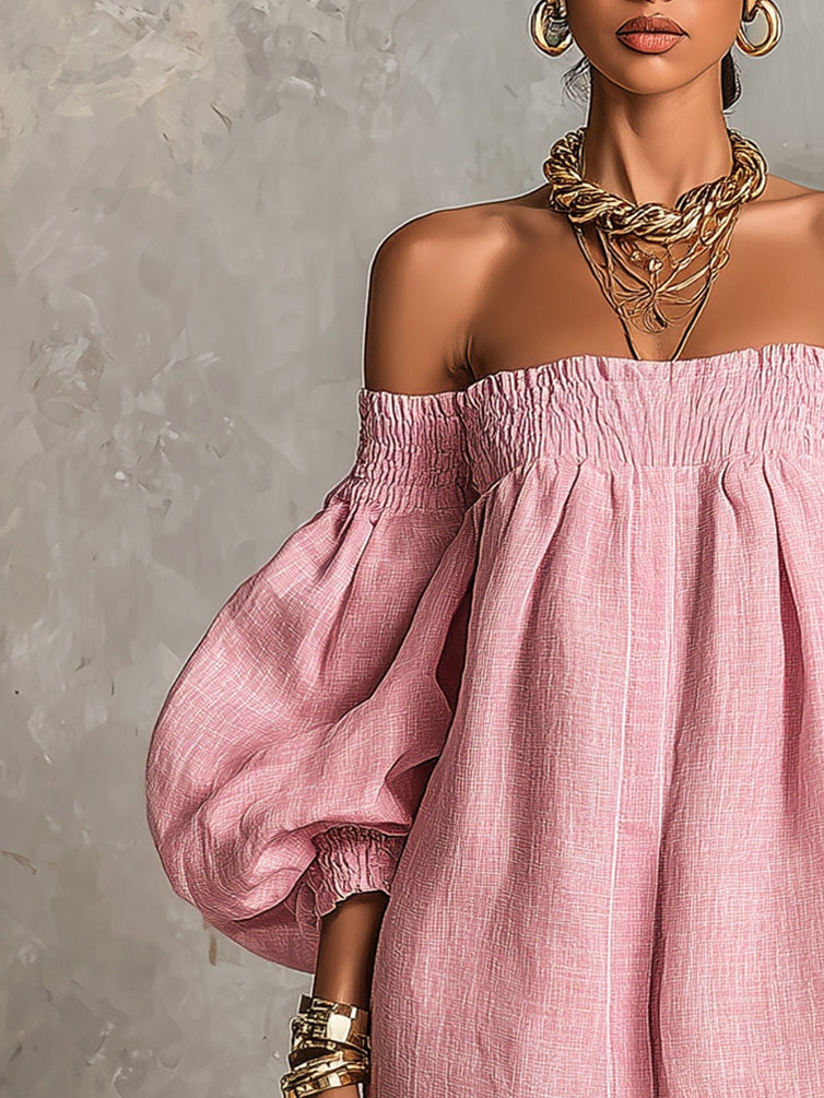 Violeta | Vestido Mini Trapecio Rosa con Mangas Farol y Hombros Descubiertos