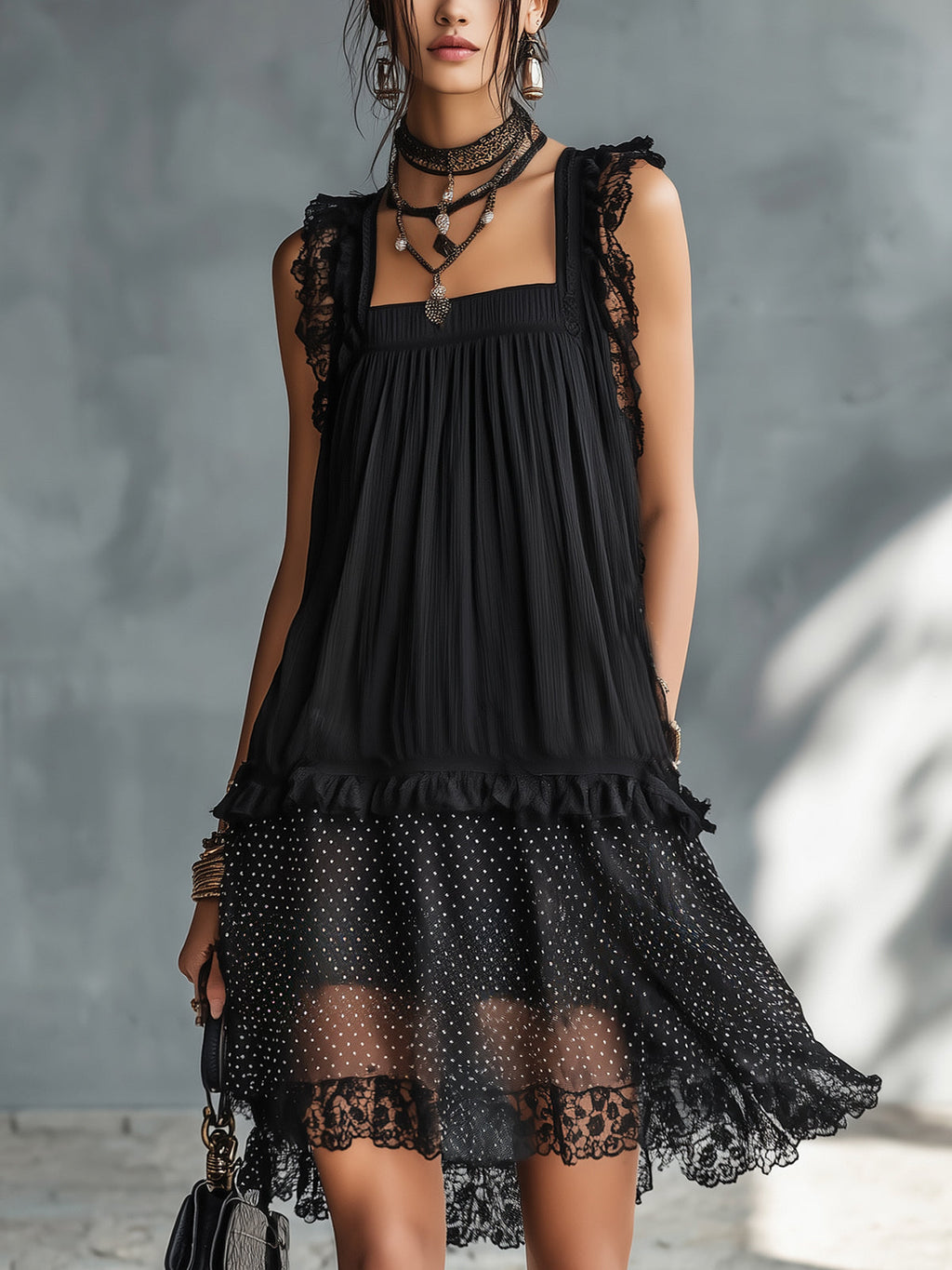 Paulina | Vestido Mini Transparente de Lunares, Volantes y Ribete de Encaje Negro