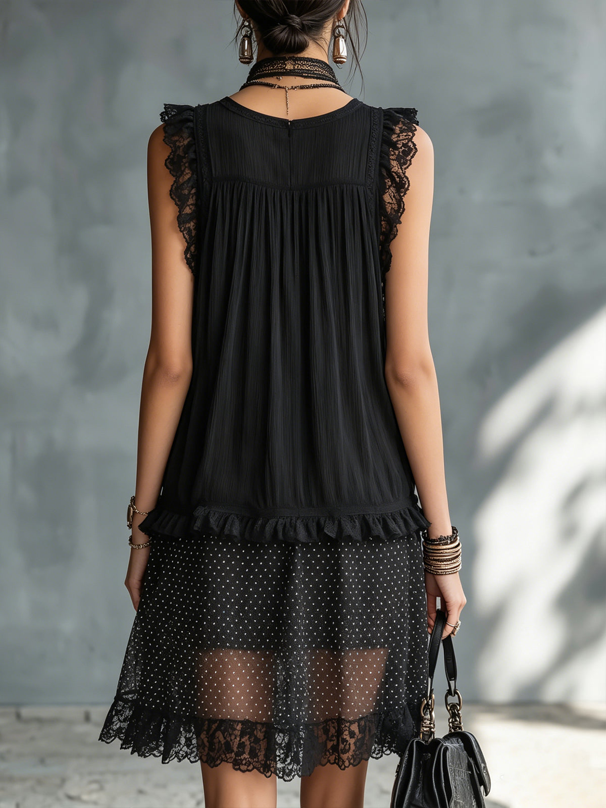 Paulina | Vestido Mini Transparente de Lunares, Volantes y Ribete de Encaje Negro