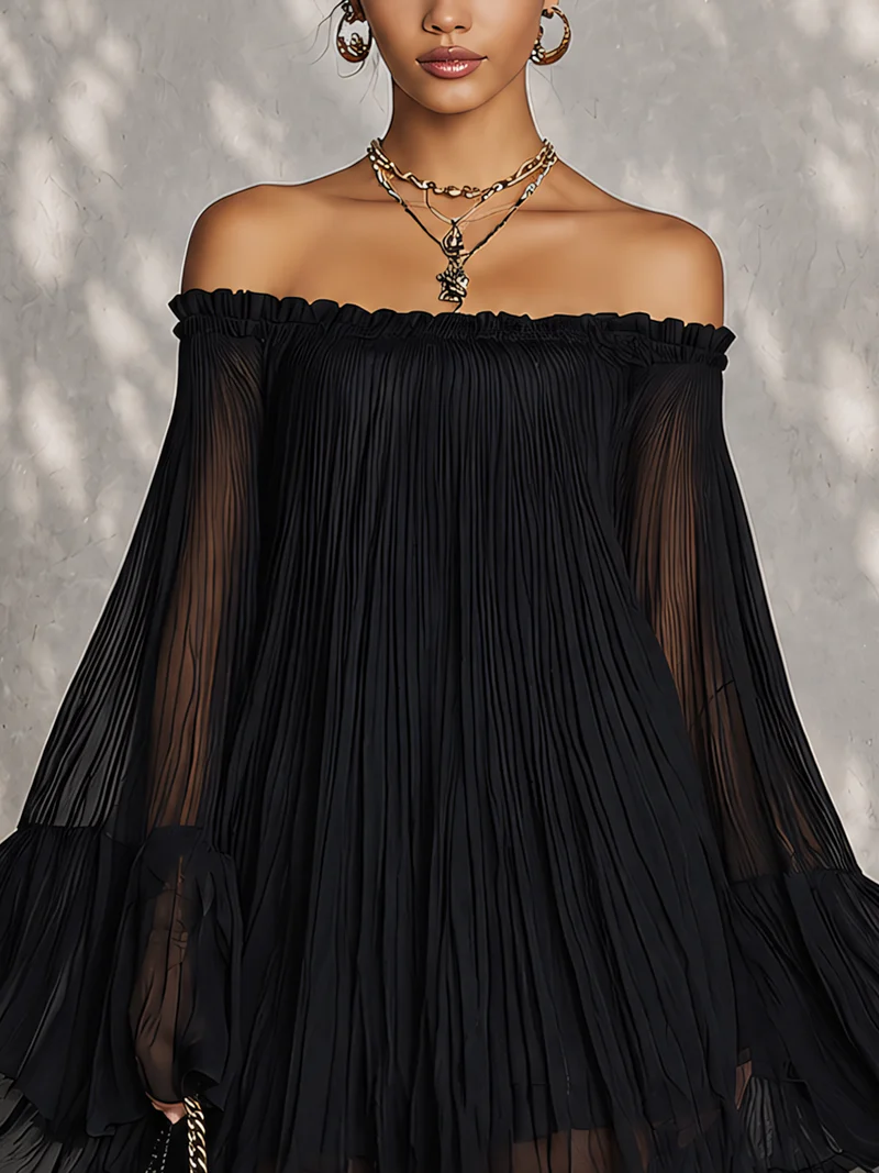 Oceana | Vestido Mini Negro con Mangas Campana y Hombros Descubiertos Fruncidos