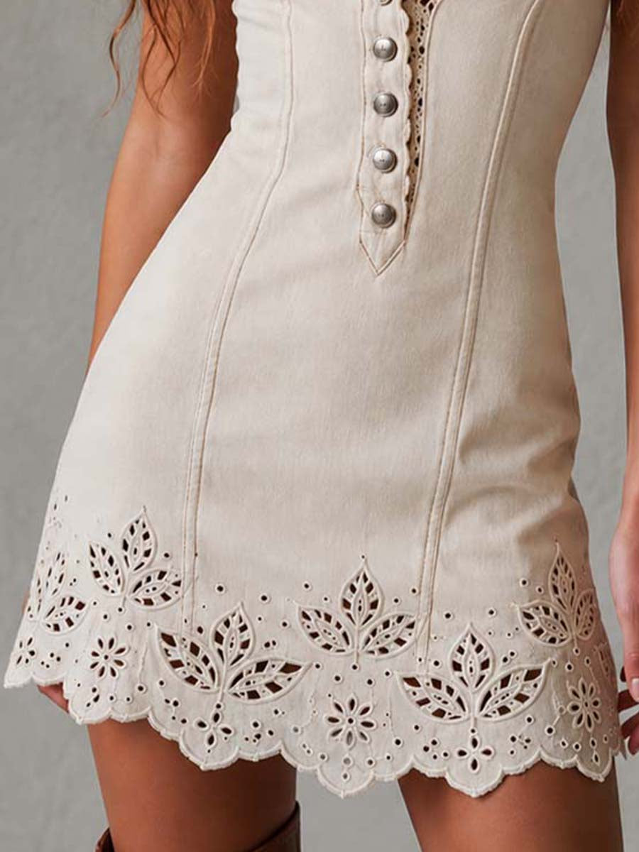 Gabriela | Vestido Mini de Encaje Calado Marfil con Escote en V