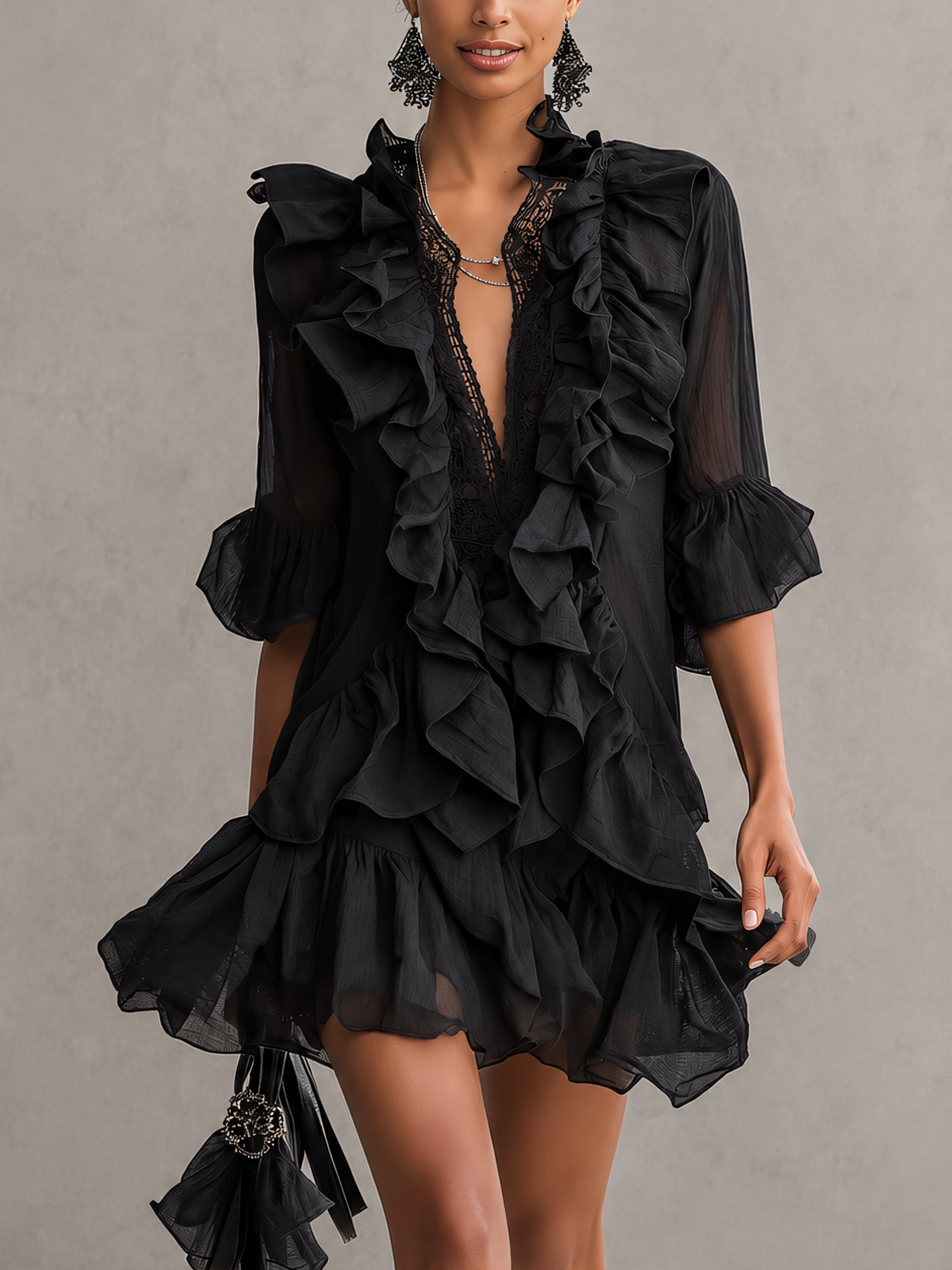 Anaís | Vestido Mini de Gasa Negra con Volantes