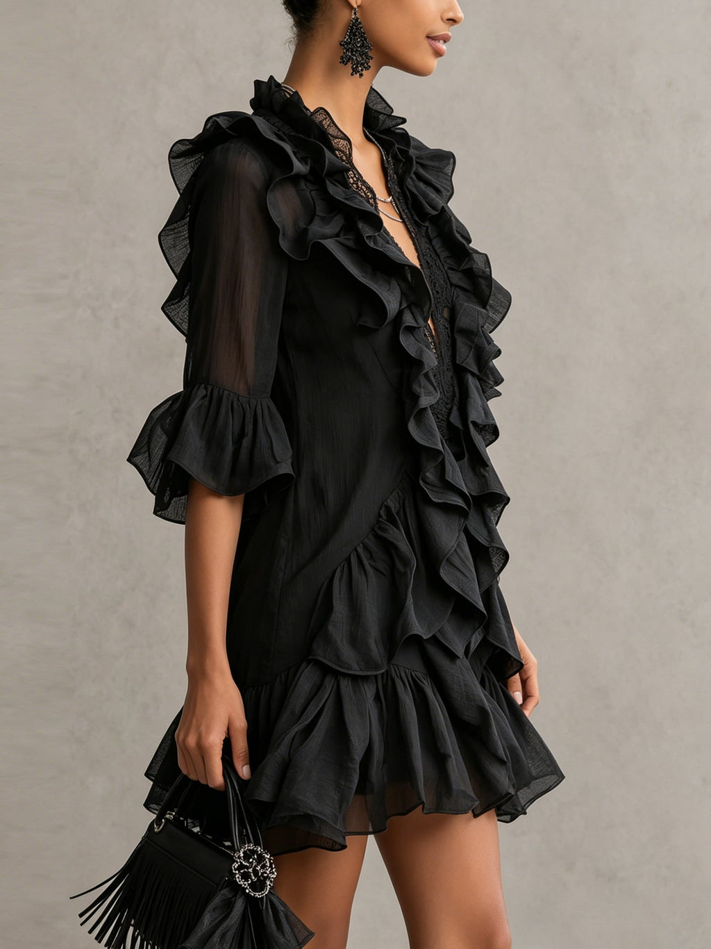 Anaís | Vestido Mini de Gasa Negra con Volantes