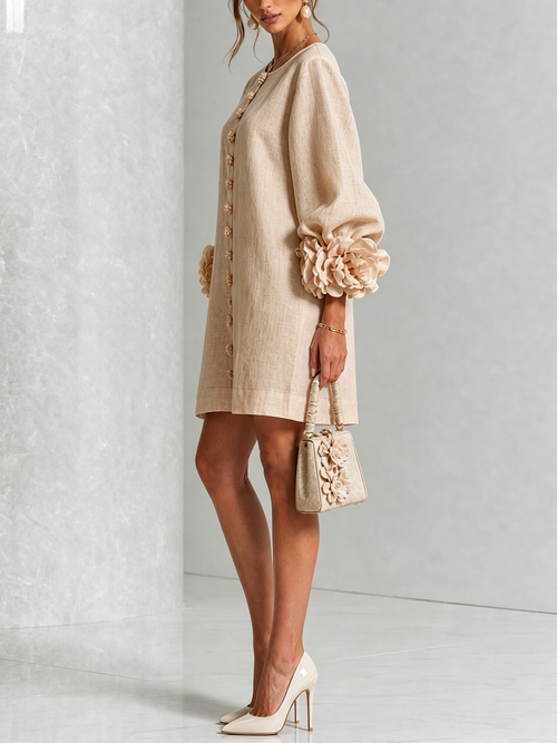 Ambra | Vestido Mini Mezcla de Lino con Puños de Flor, Beige
