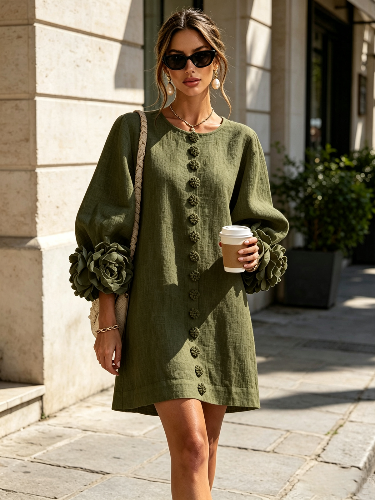 Gaia | Vestido Mini Mezcla de Lino con Puños de Flor, Verde Oliva