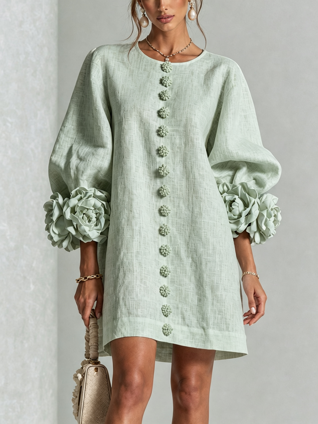 Delia | Vestido Mini Mezcla de Lino con Puños de Flor, Verde Salvia