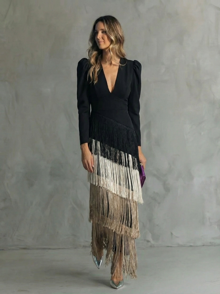 Alessia — Vestido midi elegante con mangas de flecos