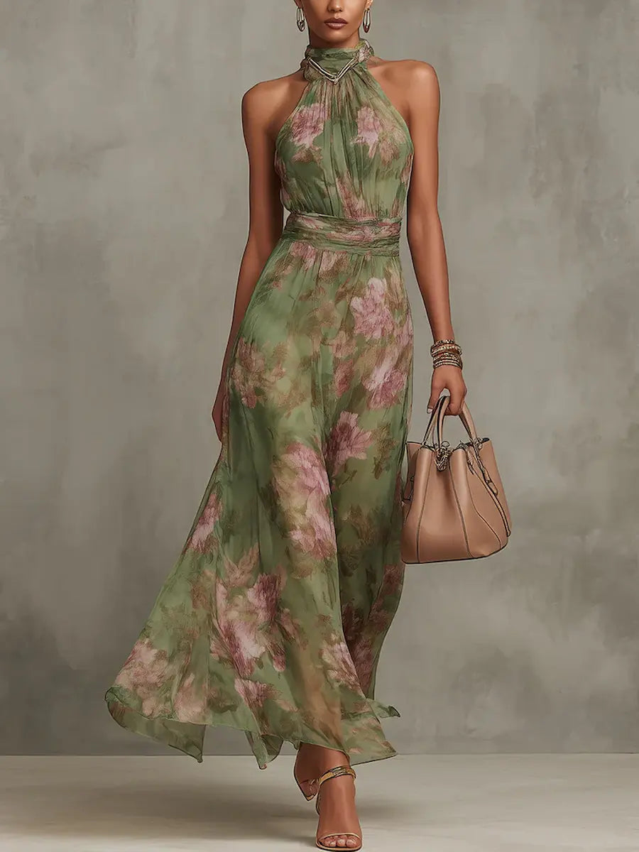 Serena — Vestido largo verde floral en gasa