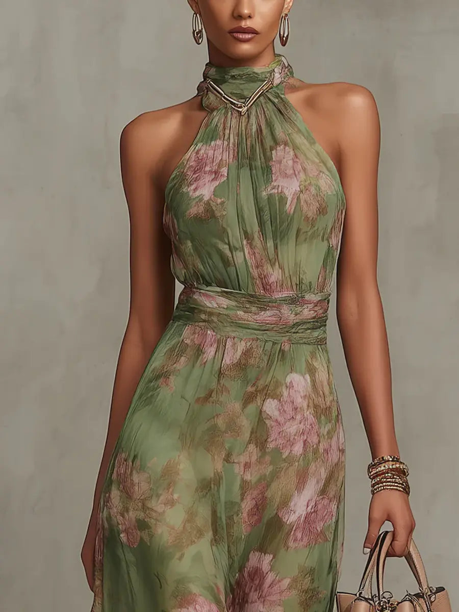 Serena — Vestido largo verde floral en gasa