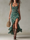 Zara™ | Vestido maxi bohemio fruncido con estampado floral y abertura lateral