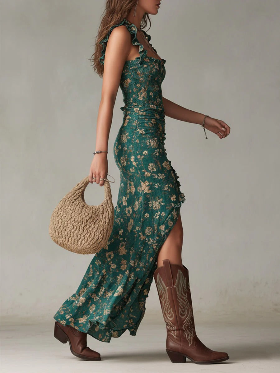 Zara™ | Vestido maxi bohemio fruncido con estampado floral y abertura lateral