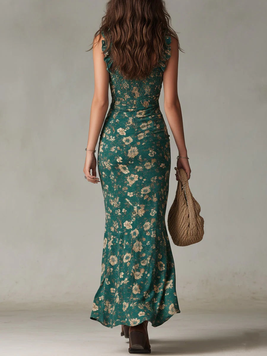 Zara™ | Vestido maxi bohemio fruncido con estampado floral y abertura lateral