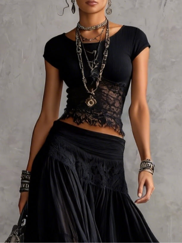 Conjunto Top de Encaje Negro Transparente y Falda Maxi Plisada